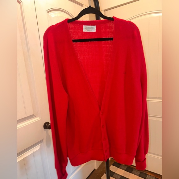 Vintage Christian Dior Red V-Neck Button Cardigan Sweater XL 100% Orion Acrylic